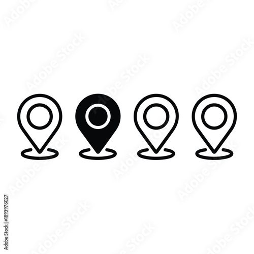 Four black and white location pin icons in a horizontal row