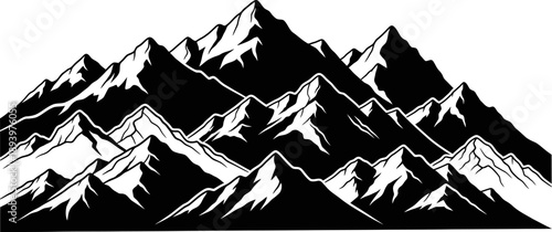 Snowy mountain range landscape with rugged peaks and white snow caps on black silhouette