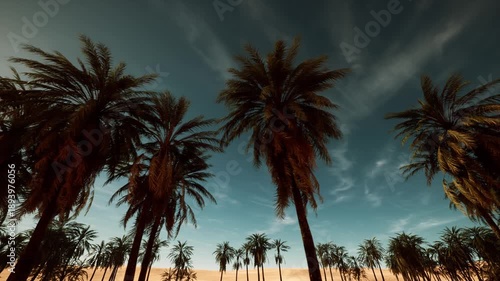Wallpaper Mural tall palm trees silhouetted against golden hour sky, cinematic teal grading and dramatic clouds, wideangle low perspective capturing tropical grove and warm Torontodigital.ca
