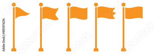 Four black flags on poles waving in the wind against a white background