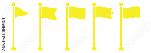 Four black flags on poles waving in the wind against a white background