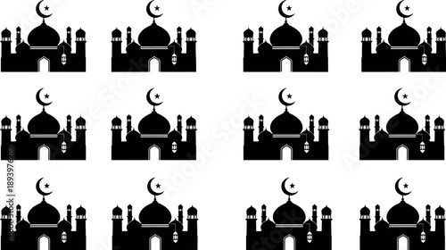 mosque silhouette icons with crescent moon and star on white background