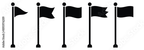 Four black flags on poles waving in the wind against a white background