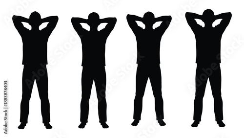Four silhouetted figures with arms raised in a symmetrical arrangement