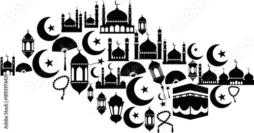 Islamic ramadan symbols and mosque silhouettes on white background