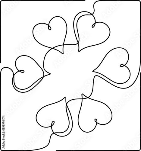 Line art of interconnected hearts forming a flower shape on white background