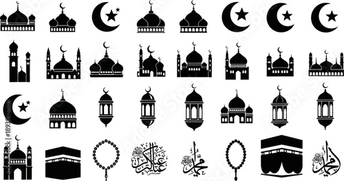 Islamic architecture and symbols collection including mosques minarets crescent moon stars and prayer beads on white background