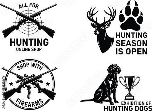 Hunting logo illustration vector set, firearms shop emblems with deer, dog, rifle and paw icons, black and white outdoor hunting branding collection