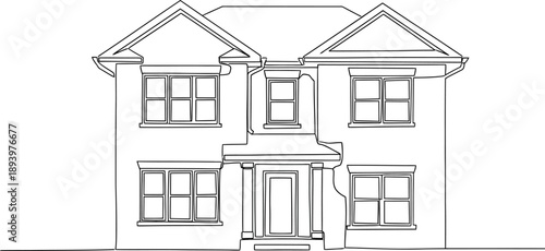 line drawing of a two story house with a gable roof and multiple windows