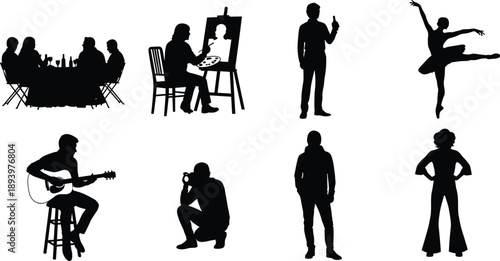  People lifestyle silhouettes set, social dining artist painting musician guitarist photographer dancer poses, creative professions activities, black vector figures isolated on white background