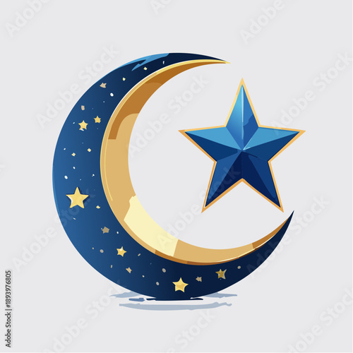 Serene blue and gold crescent moon with small stars, gracefully paired with a bright blue star, evoking the tranquil beauty and cosmic wonder of the night sky