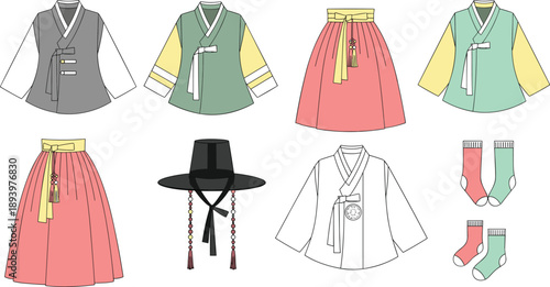 Korean hanbok illustration vector set, traditional clothing garments and accessories collection, pastel colors, cultural fashion design elements, isolated on white background