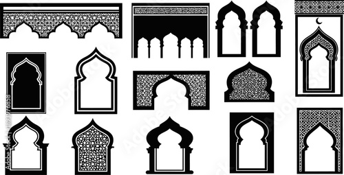 Islamic architectural arches and windows with intricate patterns and designs