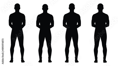 Four identical black silhouettes of men standing in a row against a white background