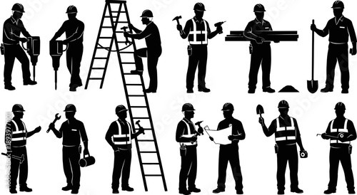 construction workers with various tools on white background