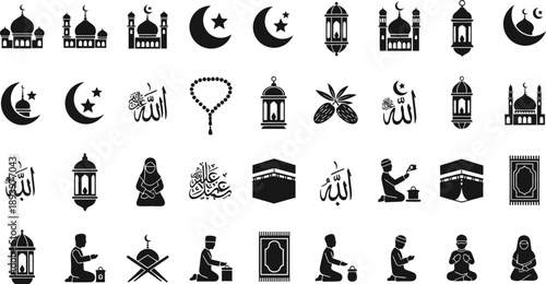 Islamic symbols and mosques icons for ramadan and eid celebrations
