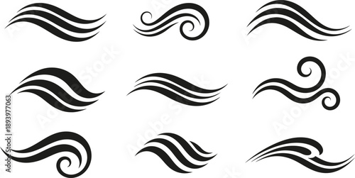 set of black swirly wave design elements on white background