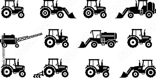 Black silhouettes of various tractors and farming equipment on white background