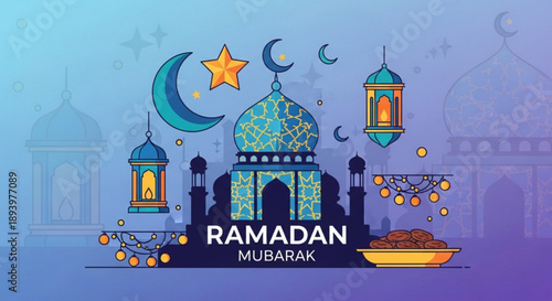 Ramadan mubarak celebration with mosque lanterns and dates at dusk