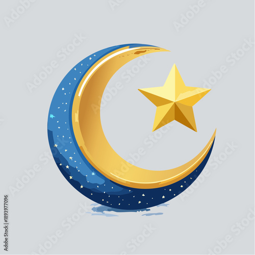 Islamic crescent moon and star illustration, celebrating the spirit of Ramadan and Eid