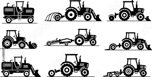 set of tractor silhouettes with various agricultural implements for farming and construction