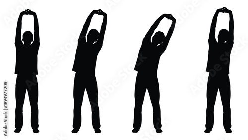 Silhouette series depicting a person performing a side stretching exercise