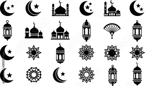 Ramadan Kareem Islamic symbols and icons set including mosques lanterns crescent moons stars and mandalas for religious celebrations and decorations
