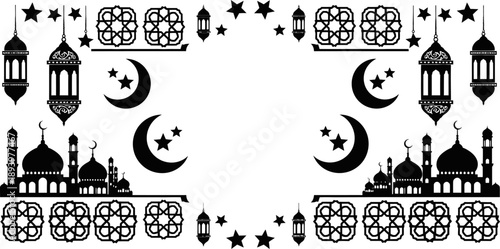 Islamic ramadan eid mubarak decorative elements with mosque lanterns crescents and stars