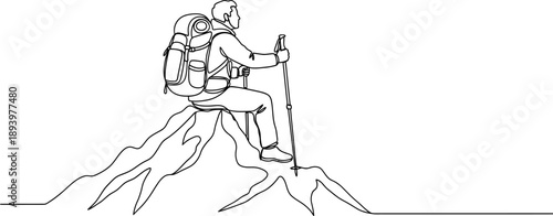 man sitting on mountain peak with hiking backpack and trekking poles