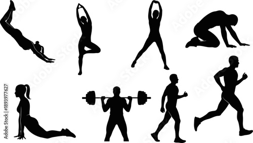 set of black silhouette people exercising and working out in various fitness poses