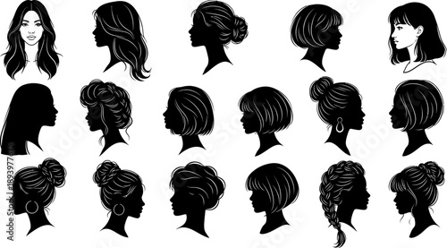 Collection of various female head silhouettes with different hairstyles in profile