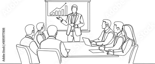 business meeting with a presenter and people sitting around a table in a conference room with a screen and graph