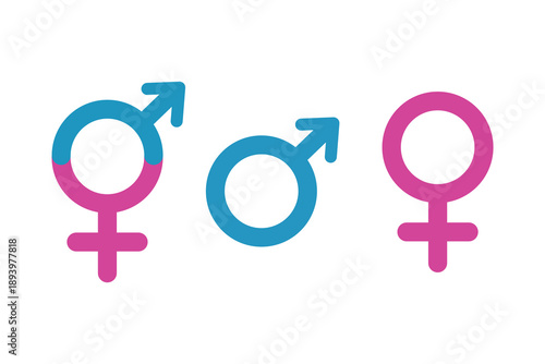 Gender male and female sexual sign icon set. Male and female, man and woman, boy and girl. Blue and pink. Symbol of the feminine and masculine