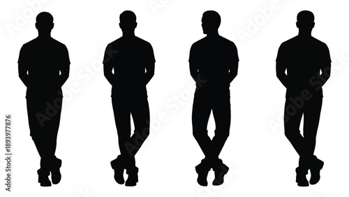 Four silhouetted figures of men standing in different poses against a white background