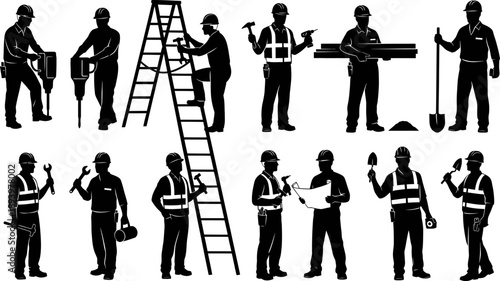 construction workers in various poses with tools and equipment on white background