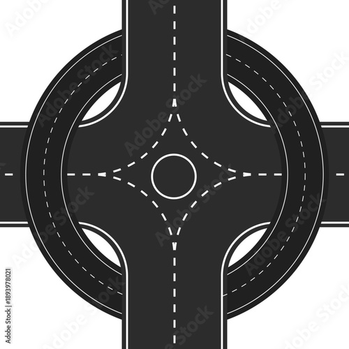 Top-down view of a modern roundabout intersection with dashed lane markings, representing traffic flow and transportation.