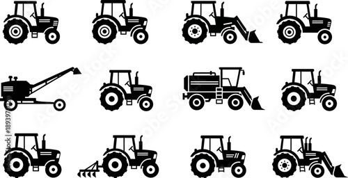 black and white silhouettes of various tractors and farming equipment on white background