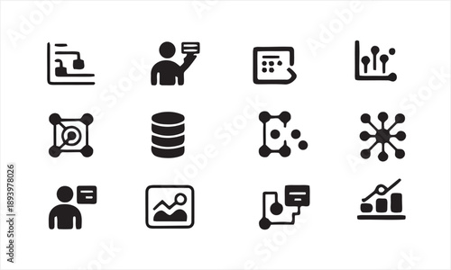 Data analysis icons set. Chart graphs, databases, analytics, network connections, and user profiles with cards. Visualizing information and statistics. Technology and business elements.