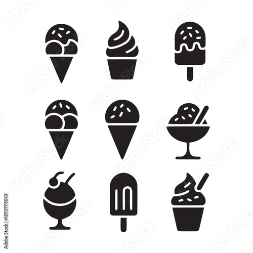 Delicious ice cream and frozen dessert icons including cones, cups, and popsicles, perfect for food and drink menus, websites, and summer promotions.
