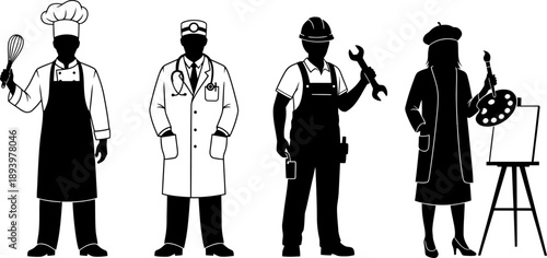 Silhouette of four people in different professions standing in a row