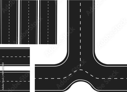 Black and white illustration of a T junction and road segments, useful for creating custom road networks and mapping applications.