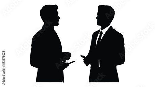 Two men in suits facing each other depicted as black silhouettes against a white background