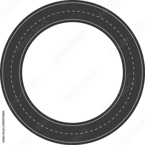 A simple graphic representation of a circular road with white dashed lines, ideal for representing travel, routes, or continuous processes, road