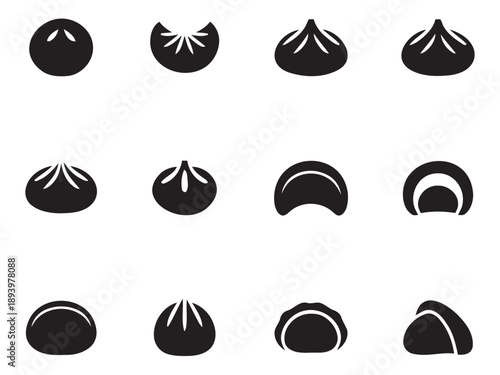 Diverse array of dumpling and dim sum icons presented in black silhouette, showcasing variations in shape, filling, and presentation, ideal for culinary branding and online platforms