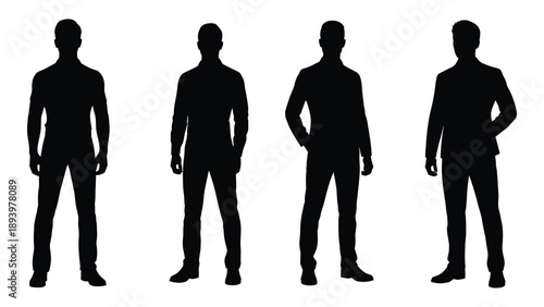 Four silhouetted figures of men standing in a row facing forward