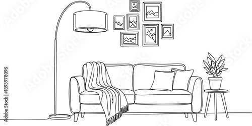 A living room with a sofa floor lamp coffee table and plant on a transparent background