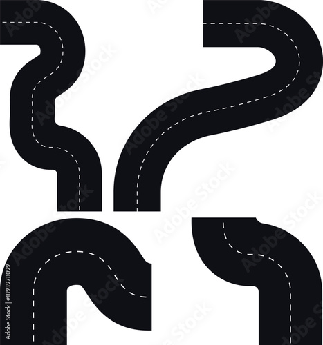 Collection of four dark, winding road pieces with white dashed lines, ideal for illustrating complex journeys or challenging routes, road transport