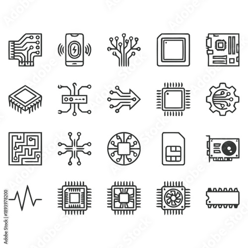 Electronic components and computer hardware icons representing microprocessors circuits and digital technology for electronic engineering systems