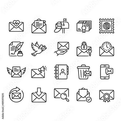 Email and communication icons, message symbols, mail delivery and notification elements for digital correspondence