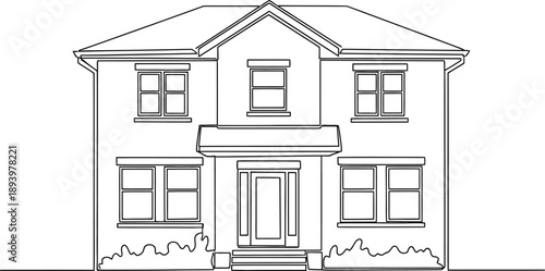 Simple line drawing of a twostory house with a gable roof and multiple windows  front view